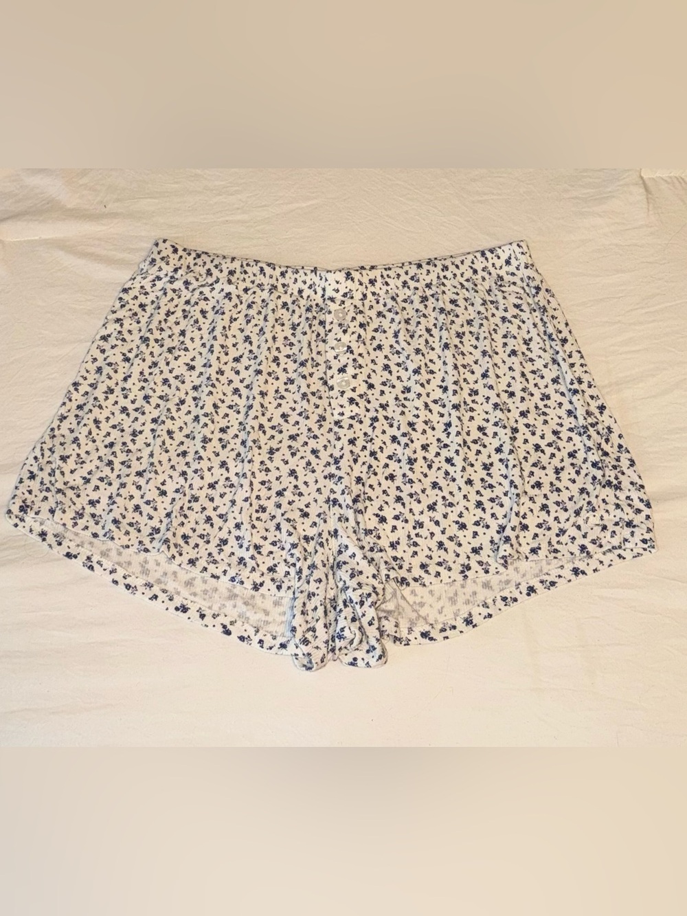 Women's White and Blue Floral Button-Front Lounge PJ Shorts